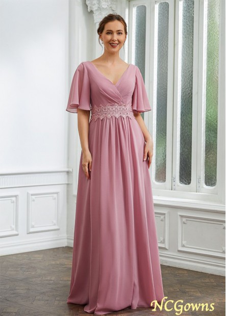 Chiffon Ruched V-neck 1/2 Sleeves Floor-Length Mother of the Bride Dresses