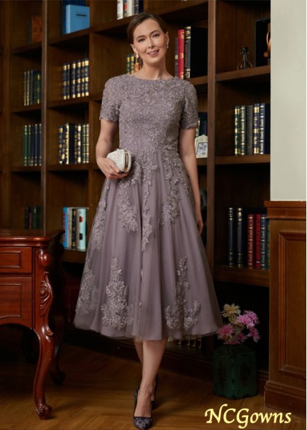 A-Line Chiffon Lace Scoop Short Sleeves Tea-Length Mother of the Bride Dresses WE31692691385