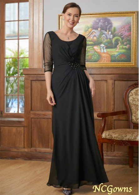 Chiffon Ruched Scoop 3/4 Sleeves Floor-Length Mother of the Bride Dresses