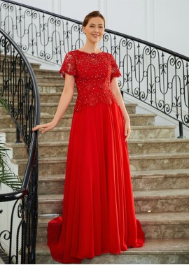 Red A-Line Chiffon Applique Short Sleeves Mother of the Bride Dresses