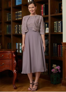 A-Line Chiffon Lace Scoop Sleeveless Tea-Length Mother of the Bride Dresses with Jacket