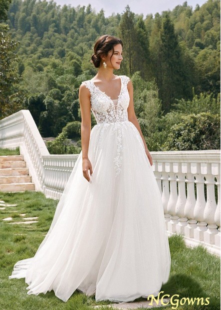 2023 V Neck Sweep Train Tulle Wedding Dresses With Lace Flowers YYQ1690268848