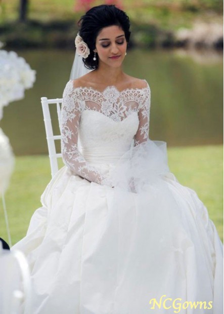 Ball Gown Off-the-Shoulder Long Sleeve Sweep Train Satin Wedding Dress YYQ1690867172