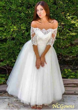 Short Tulle Off-The-Shoulder Ankle-Length  Wedding Dresses With Lace YYQ1690867176