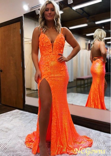 Attractive Orange Sequins Spaghetti Straps Backless Long Prom Gowns with Slit Z801688448844