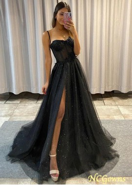 Black Bling Tulle A Line Spaghetti Straps Prom Dress With Slit Z801688470941