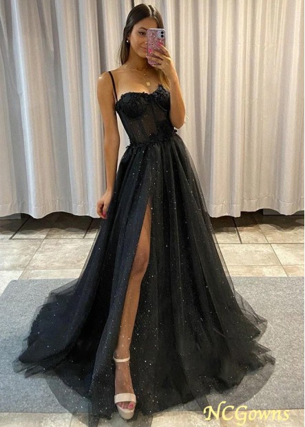 Black Bling Tulle A Line Spaghetti Straps Prom Dress With Slit Z801688470941