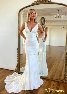 White Plunging V Neck Beaded Mermaid Long Prom Formal Dress Z801688470987
