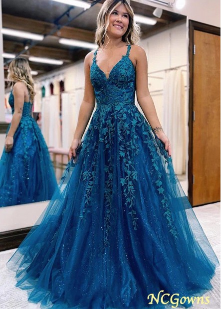 V-Neck Tulle Long Prom Dresses 2023 A-Line Lace Appliques Ball Gown Z801688546406