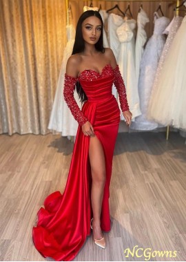Red Sheath Sequins Long Sleeves Off Shoulder Prom Evening Dress with High Slit Z801688546436