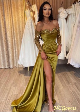 Sheath Sequins Long Sleeves Off Shoulder Prom Evening Dress with High Slit Z801688614598