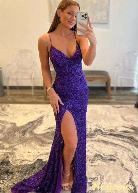 Sparkly Sequins Spaghetti Straps Long Prom Evening Dress with Slit Z801688968081
