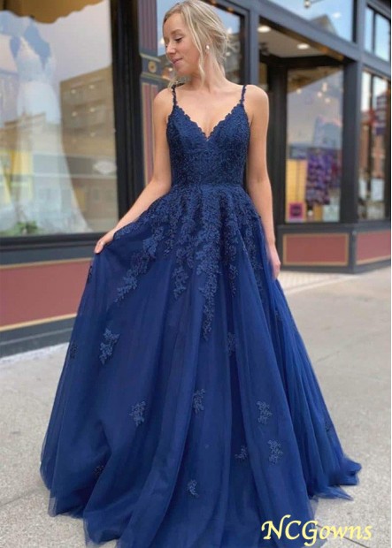 Navy Blue A-line Tulle Lace Appliques Long Prom Evening Dress Z801688979406