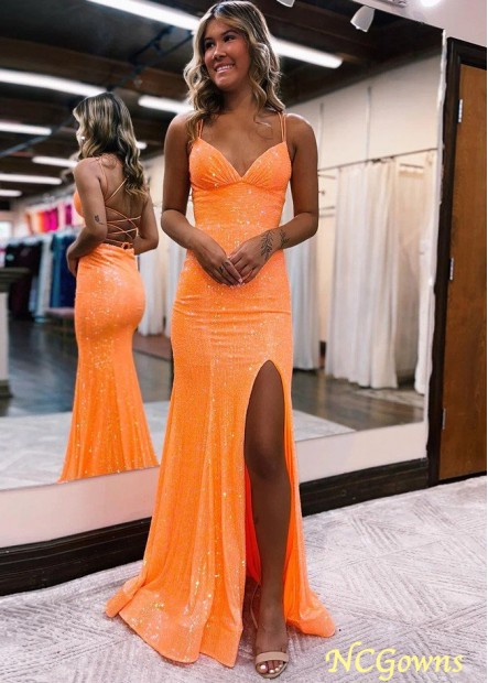 Orange Sequins Spaghetti Straps Long Prom Dress with Split Z801689583542