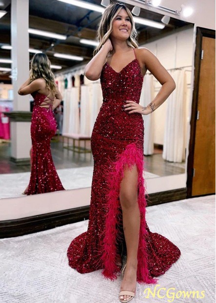 Sparkly Feathers Sequins Spaghetti Straps Prom Evening Dress with Slit Z801689583554