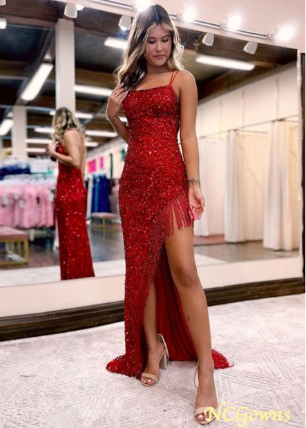 Sparkly Sequins Spaghetti Straps Long Prom Dress With Fringes Z801689583568