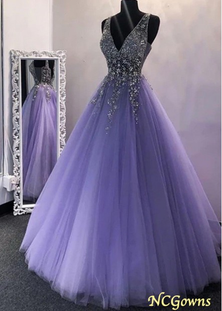 Chic A-line Tulle Beaded Long Prom Dress Formal Evening Gowns Z801690190451