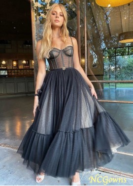 Modern Grey Dotted Tulle Spaghetti Straps Sweetheart Corset Tea Length Prom Gowns Z801690880413
