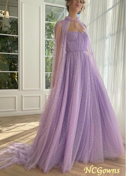 Lilac Glitter Tulle with Shawl Long Mori Girl Prom Dress with Pockets Z801690880415