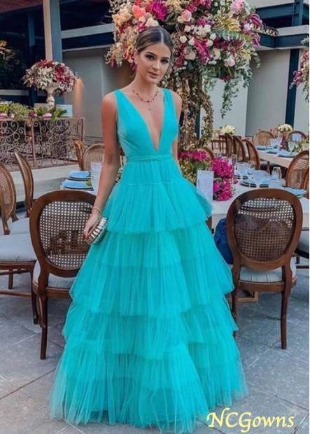 Attractive V-neck Tulle Tiered Long Prom Dress Formal Evening Gowns Z801690880429