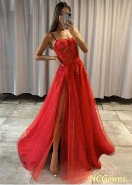 Red Sweetheart Spaghetti Straps Tulle Appliques Prom Dress Z801691491862