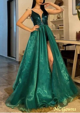 Detachable Plunging Illusion V-Neck Sequined Organza Long Prom Formal Dress Z801691491864