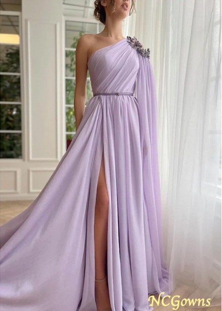Elegant Chiffon One Shoulder A-Line Long Prom Evening Dress With Side Slit Z801691491874