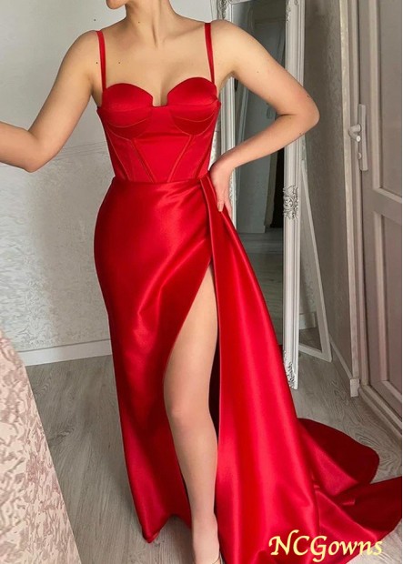 Red Spaghetti Straps Sweetheart Side Slit Long Prom Evening Dress Z801691491876