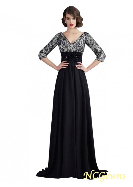 Zipper Back Style Lace Embellishment 3 4 Sleeves Sleeve Chiffon Elastic Woven Satin V-Neck Black Dresses