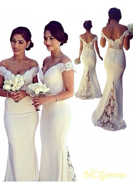 Off-The-Shoulder Satin Fabric Sleeveless Natural Lace Bridesmaid Dresses