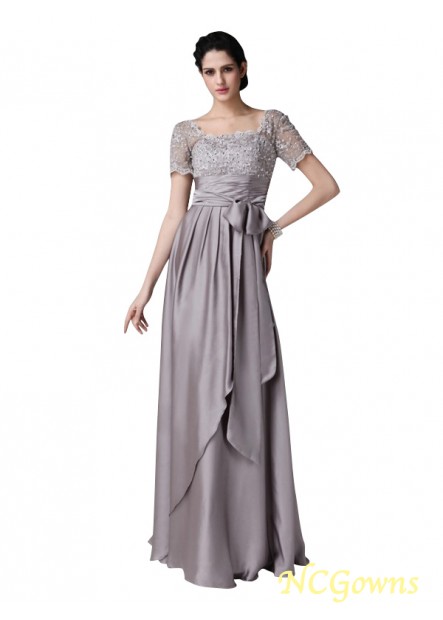 Elastic Woven Satin Floor-Length Short Sleeves Sheath Column Silhouette Square Neckline Empire Wedding Party Dresses