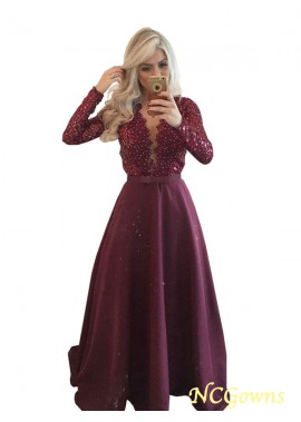 Ncgowns Sequin Embellishment Floor-Length Long Sleeves Satin Fabric Scoop Neckline Formal Dresses