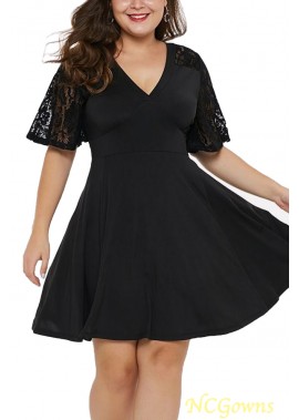 Black Lace Sleeve V Neck Sexy Party Plus Size A Line Dress