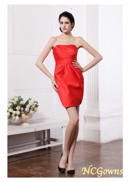 Pleats Natural Waist Elastic Woven Satin Zipper Strapless Sheath Column Red Dresses