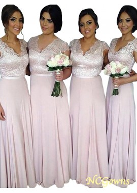 A-Line Princess V-Neck Natural Waist Chiffon Fabric Pink Dresses