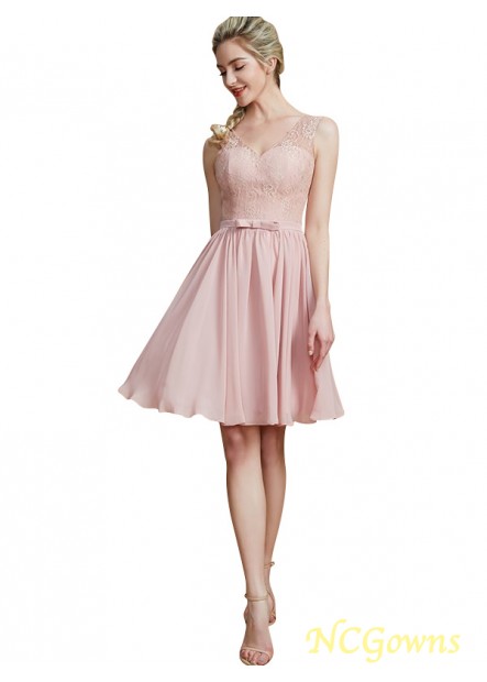 V-Neck Neckline A-Line Princess Chiffon Fabric Lace Natural Pink Dresses