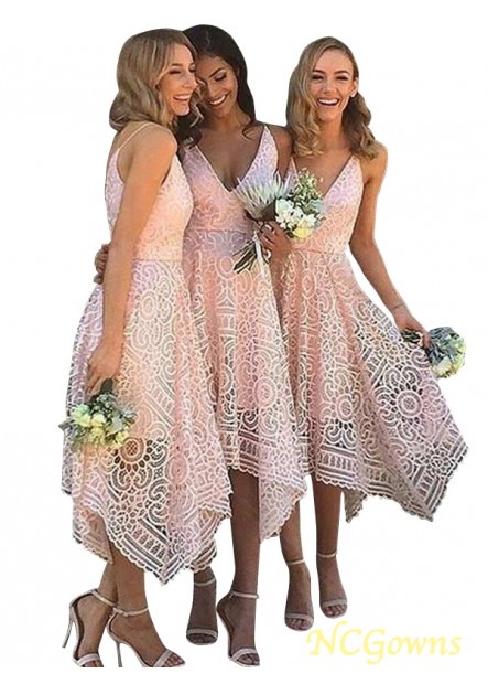 Natural V-Neck Asymmetrical Lace Bridesmaid Dresses T801524721534