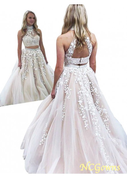 Applique Embellishment Natural Other Sleeveless Sleeve High Neck Sweep Brush Train A-Line Princess 2023 Prom Dresses