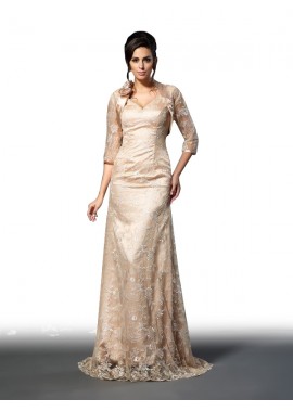 Elastic Woven Satin V-Neck Lace Zipper A-Line Princess Mother Of The Bride Dresses