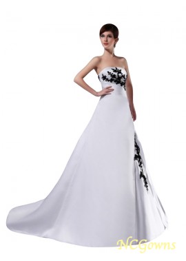 Sleeveless Sleeve Chapel Train Satin Fabric Lace Up Black And White Dresses T801524715568