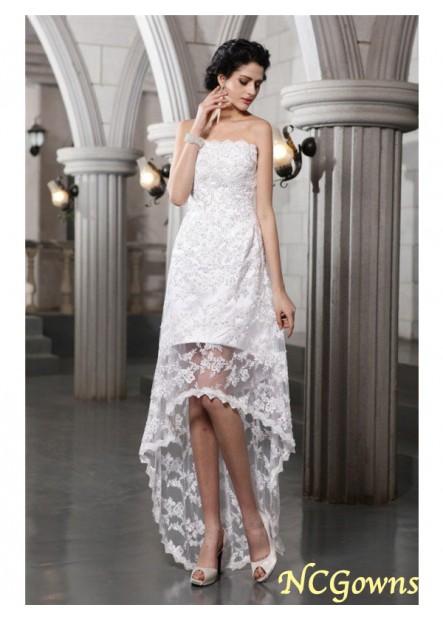 Strapless Empire Waist Asymmetrical Hemline Train Zipper Sleeveless Lace Beading Embellishment Short Wedding Dresses