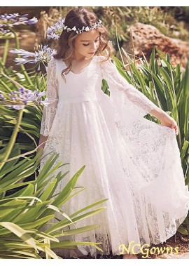 Floor-Length Long Sleeves Sleeve Lace Natural Waist Flower Girl Dresses