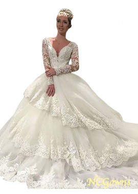 Tulle Court Train V-Neck Natural Ball Gown Silhouette Other Back Style Long Sleeves Sleeve Vintage Wedding Dresses
