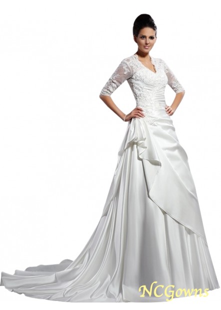 A-Line Princess Silhouette Applique Lace Up Empire 1 2 Sleeves Luxury Wedding Dresses