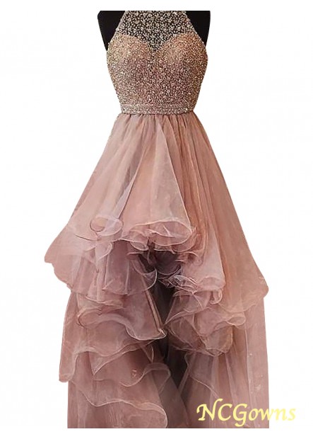 Other Natural Asymmetrical Hemline Train Halter Ball Gown Organza Fabric 2023 Prom Dresses