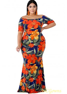 Scoop Neck  Printed Short Sleeve Maxi Party Dresses