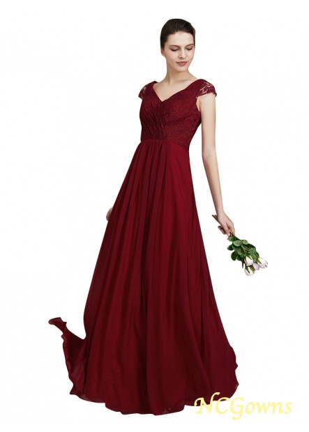 V-Neck Natural Chiffon Fabric Floor-Length A-Line Princess Zipper Red Dresses