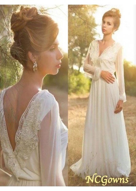 Ncgowns Long Sleeves Sleeve V-Neck Neckline Natural Chiffon A-Line Princess Silhouette Wedding Dresses