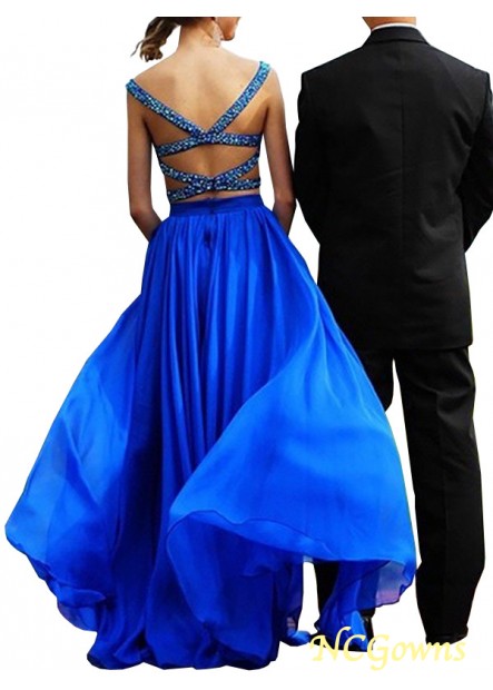 Floor-Length Beading A-Line Princess Silhouette Chiffon Fabric Natural Two Piece Prom Dresses