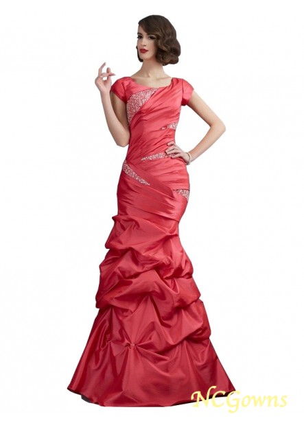 Taffeta Floor-Length Trumpet Mermaid Scoop Short Sleeves Long Prom Dresses